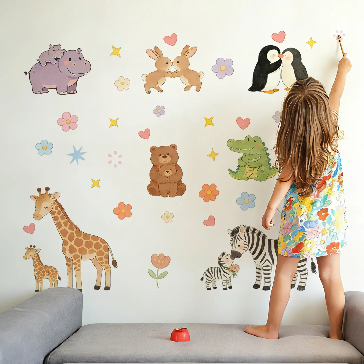 Set of 2 Pcs 30×60cm Cartoon Animal Wall Stickers Parent-Child Bear Rabbit Penguin Stickers for Kids Room Home Decor