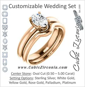 CZ Wedding Set, featuring The Marie Rosalind engagement ring (Customizable Oval Cut Solitaire with Tooled Trellis Design)