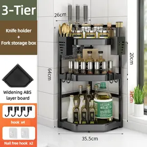 3-Tier Kitchen Corner Storage Rack, Non Perforated Easy to Assemble Multi Functional Storage Rack, Kitchen Organizer Countertop, Knife and Seasoning Storage Rack, Includes Hooks and Fork Storage Boxes, Black