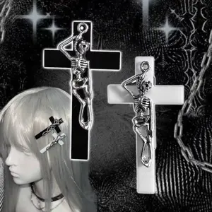 Black & White Cross Skull Skeleton Hair Clips - Vintage Grunge Punk Metal Pins, Gothic Alternative Cosplay Accessory