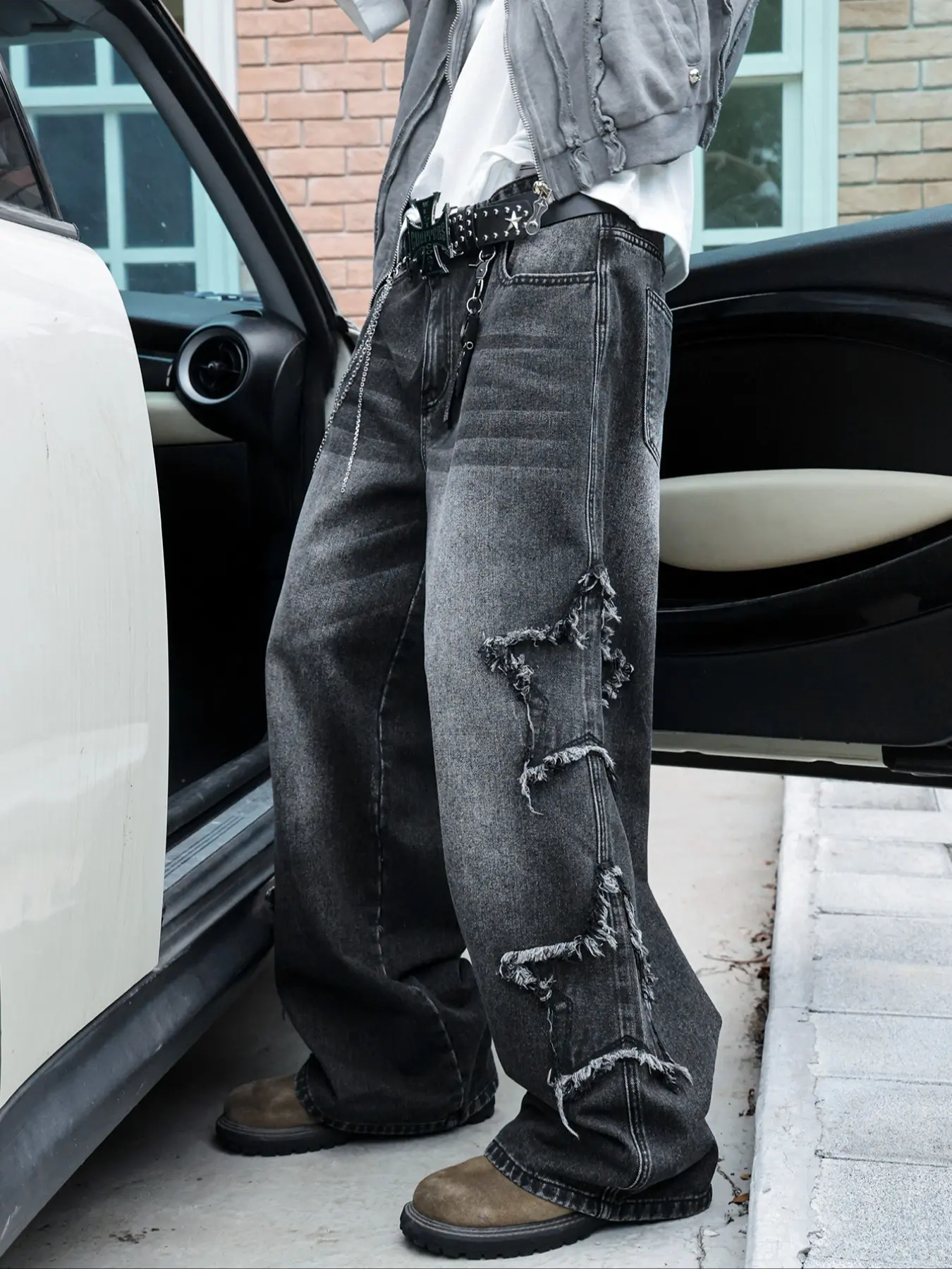 Men's Vintage Loose-Fit Straight Leg Distressed Jeans, American Street Style Streetwear Casual Denim Jeans, Zipper Fly, Plaid Pattern, All Seasons, Denim Jean Pants