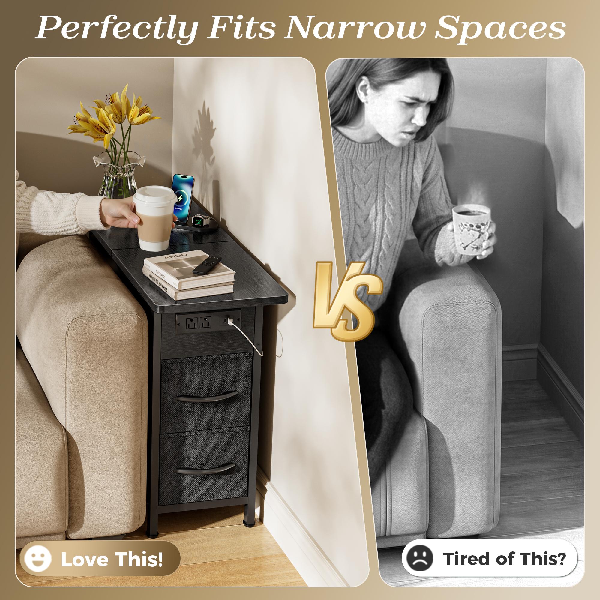 Huuger Narrow End Table with Charging Station, Flip Top Side Table with 2 Fabric Drawers, Slim Night Stand with USB-C Port for Small Spaces, Nightstand Bedside Couch Table, Living Room