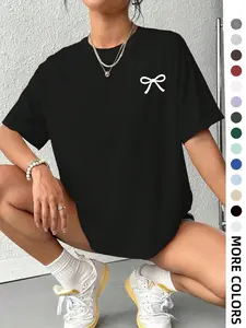Minimalist White Bow Graphic T-Shirt, Coquette Trendy Oversized 【100% cotton】 Tee, Casual Short Sleeve Curved Hem Top, Soft Cotton Cute Bow Shirt for Women, Y2K Aesthetic Everyday Wear and Coquette Outfits