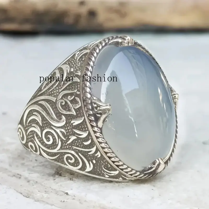popularVintage Statement Ring with Egg-Shaped Moonstone, Retro Boho Jewelry with a Flower-Carved Band for Men & Women, Retro Rings, Moonstone Rings