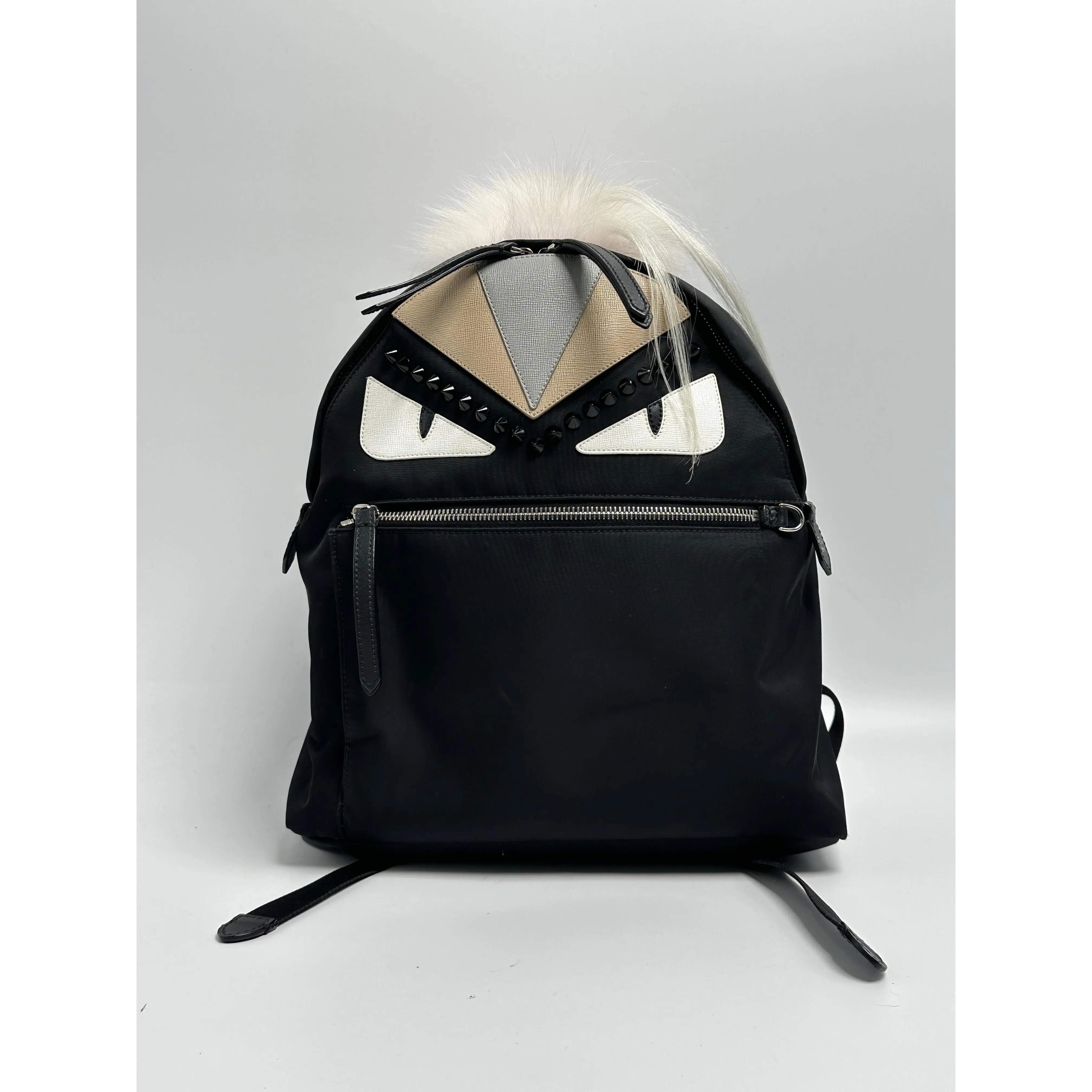 Pre-owned FENDI Nylon and Leather Backpacks Bag Bugs Monster Backpack Black FJ002FD