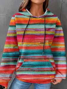 【plus size】 rainbow stripe print drop shoulder hoodie, trendy fashion casual drawstring pocket hooded sweatshirt for daily holiday outdoor wear, women clothing for fall & winter
