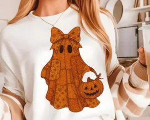 Halloween Blue Denim Ghost Shirt, The Life of a Ghoul Shirt Trendy Patchwork Spooky Ghost Shirt