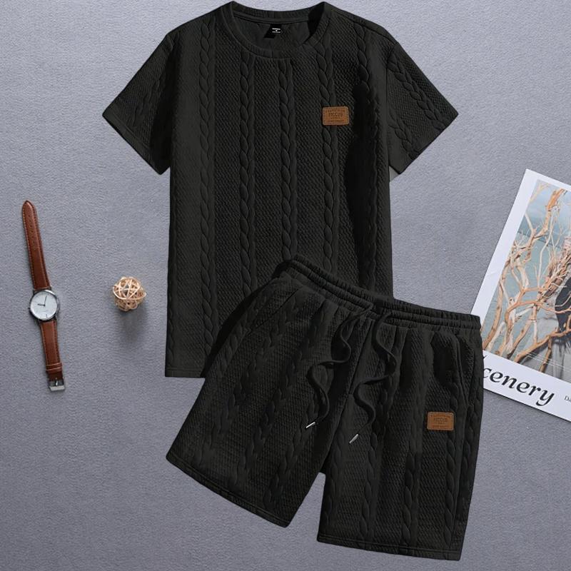 Men’s summer casual fashion set featuring a crew neck short-sleeve top and shorts, with woven texture and embossed pattern design that showcases a gentleman boyfriend style—an ideal choice for holiday gifts.