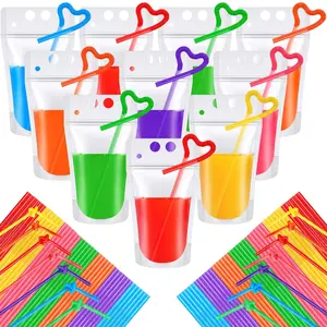500 count Summer Plastic Drink Pouches with Straws 17 oz Handheld Translucent Reclosable Bags Portable Bags with Zipper Plastic Pouches  Cold and Hot Drinks (Transparent)
