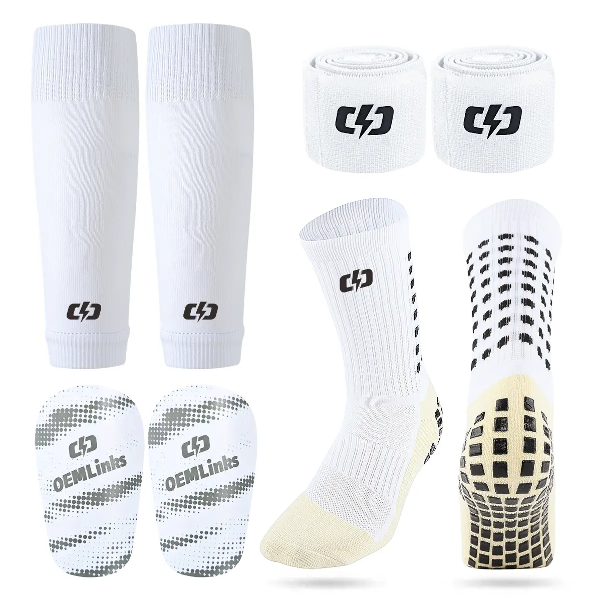 OEMLINKS Sporty Protective Gear Bundle - Soccer Grip Socks, Shin Guards, Pre-Cut Sleeves, Secure Straps for Youth & Adult Football