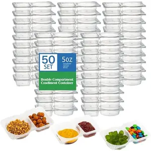 50 Pack Double Compartment Condiment Container with Lid, 5oz Disposable Small Snack Container 2 Compartment for Meal Prep, Salad Dressing,