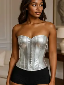 Silver Color PU Sexy Halter Top, Ribbed Waist Cincher, Body Shaper Vest, Perfect for New Year Party, Valentine's Day, Graduation