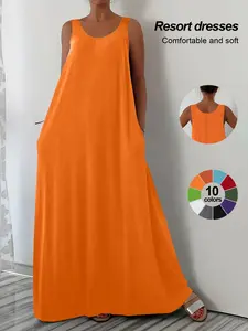 2026 Plus Size Wide Shoulder Strap Casual Dress with Pockets, Comfortable and Stylish, Perfect for Everyday Wear, Women's Fashion