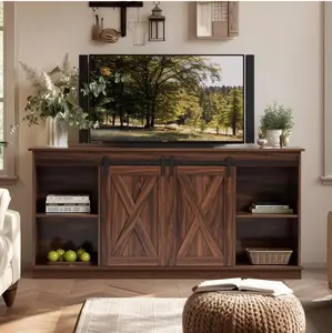 TV Stand for Televisions up to 65 Inch, Entertainment Center with Sliding Barn Doors, Storage Cabinets and Media Shelves, Living Room Console Table, Rustic Brown