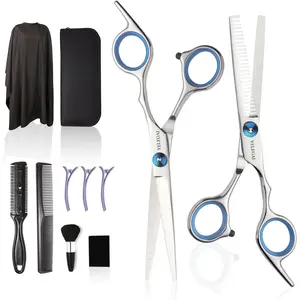 Stainless Steel 11-Pcs Professional Haircut Scissors Kit - Haircare Salon Tools Including Thinning Shears, Neck Duster Brush, Comb, Barber Cape, Hair Clips for Barbers and Home Use
