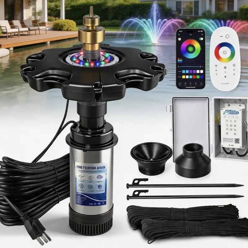 Floating Pond Aerator with 750W Motor, 1HP 15000 GPH Submersible Stainless Steel Pump, 100ft Power Cord, RGB LED 360° Illumination, 18" Shallow Run, IP68, Overheat Safety, Controller, Remote, 120V for Lakes, Pond Aerators