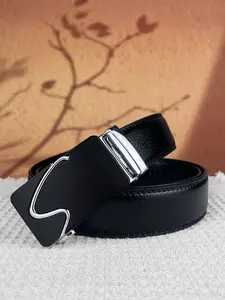 1Pcs men's and women's waistband, alloy automatic buckle with English letter pattern, 3.5cm/1.38in wide solid color waistband, suitable for daily commuting and holiday gifts.