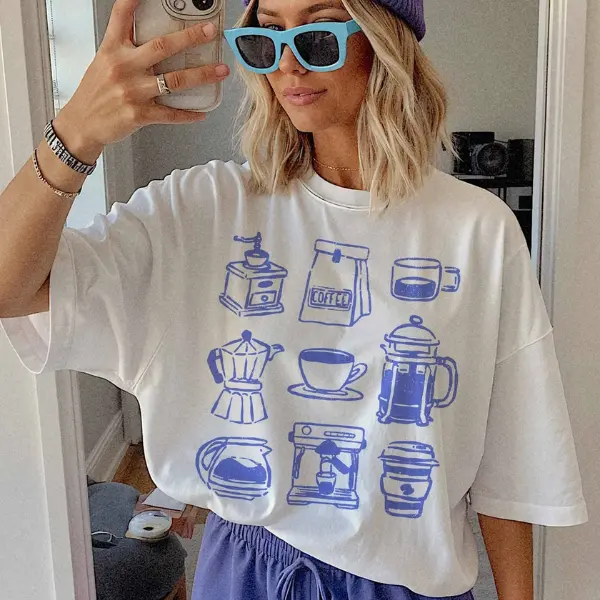 Unisex Cotton Crew Neck Short‑Sleeve T‑Shirt - Minimalist Espresso Line‑Art Cute Coffee‑Maker Aesthetic Graphic Print, Y2K Casual Summer Streetwear Novelty Top for Men & Women, S‑3XL Sizes Available