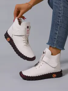 New Casual Warm Cotton Shoes for Women, Soft Sole Anti-Slip Laces, Versatile Short Boots, Fall & Winter Fashion, PU Leather Upper