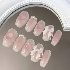 【Lucy U】 Sweetheart Pearl Bow Press-On Nails Blush Gradient Cute Style 3D Heart Clear Bow Nails  Girly Vibe Daily Essential Girly Girl Must-Have, Acrylic Nails Flower Design Easily Apply