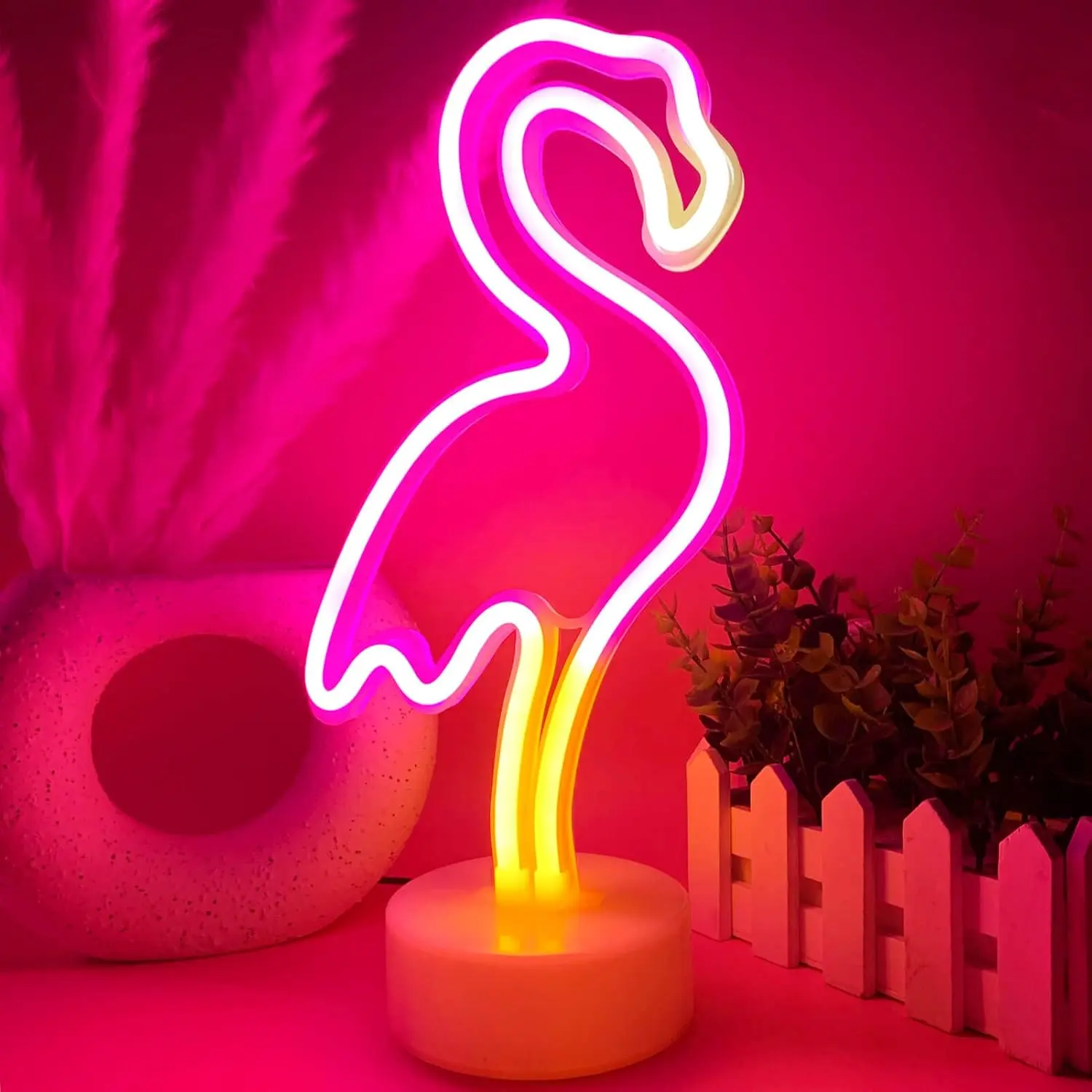 Pink Flamingo LED Neon Light Sign - Cableless, Multimode, Colorful, Atmosphere, Desktop Indoor Night Lights with USB/Battery Operation, Pedestal for Bedroom Decor, Cableless Light Signs, Multimode Light Signs