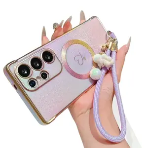 Stylish Electroplated Heart Design Phone Case with Wrist Strap, Compatible with Samsung Galaxy S26/S25/S24/S23/S22/S21 Ultra & Plus, S26/S25 Edge, S24FE/S23FE, Supports Wireless Charging, Anti-Slip and Shockproof Protective Shell