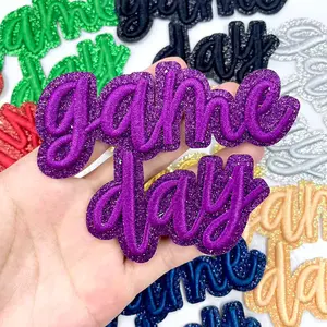 CY 8PCS Purple 3D GAME DAY Iron On Patches with Glitter Edge Embroidered Letter Applique for DIY Trucker Hats Clothes Jackets Jeans Backpacks