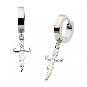 Lightning Bolt Dagger Dangling Huggie Hoop Earrings - Pair - 316L Stainless Steel
