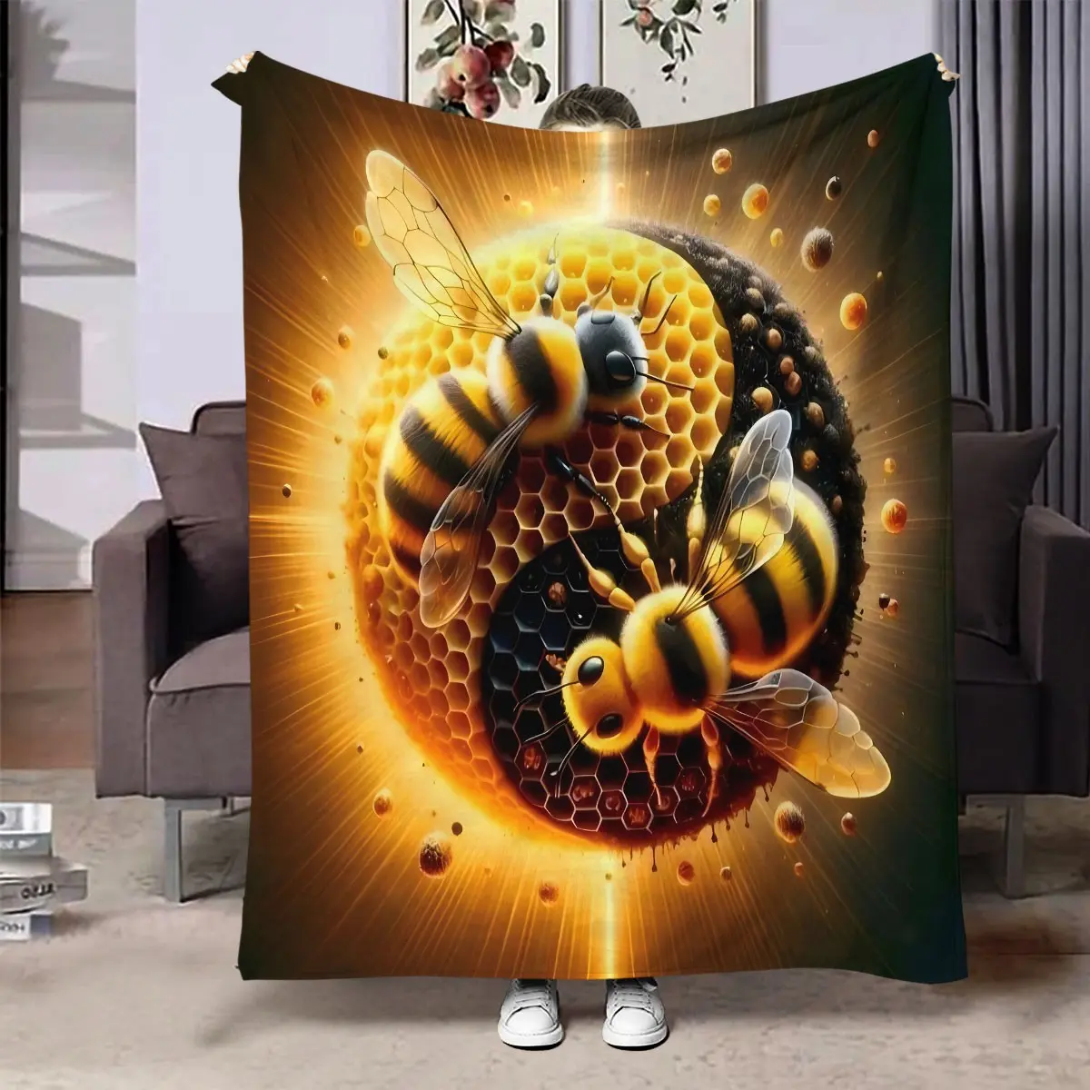 Bee & Honeycomb Pattern Blanket, Perfect Gift for Bedroom Living Room Sofa Long Couch, Soft Cozy Throw for Home Decor
