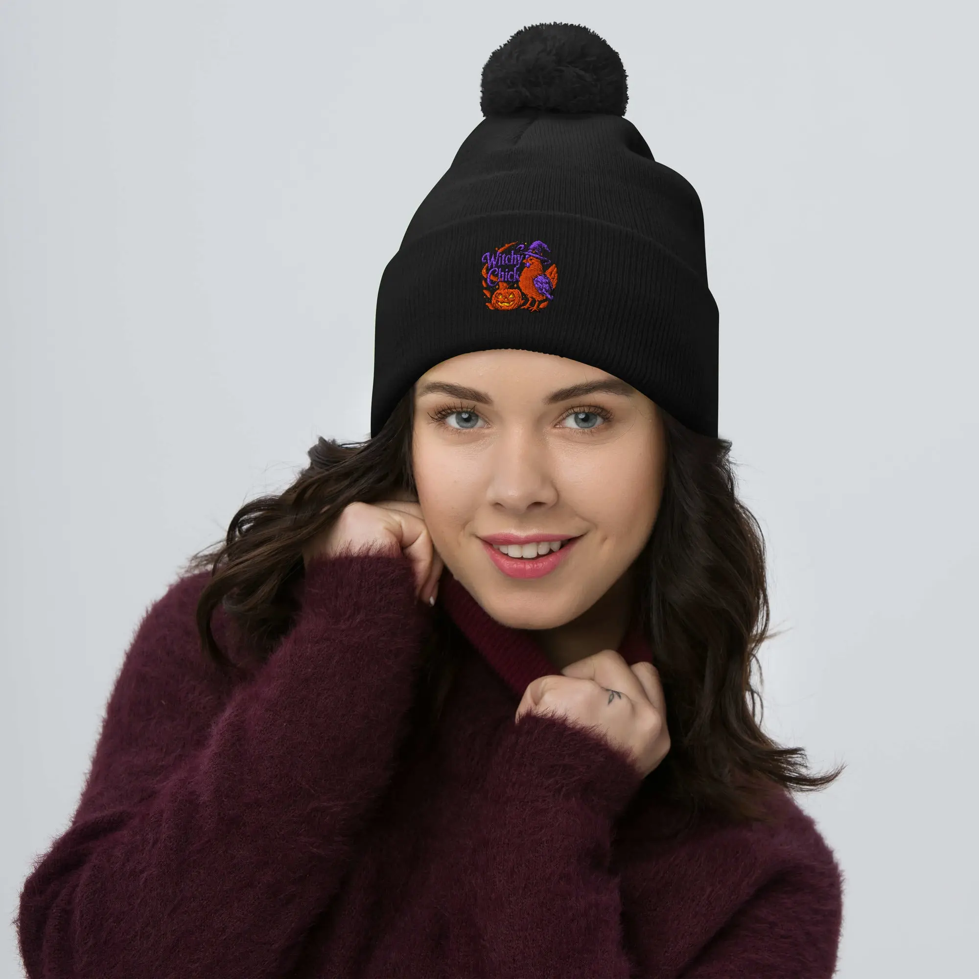 Witchy Chick Pom-Pom Halloween Beanie
