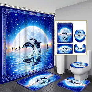 1/3/4PCS Moonlit Dolphins Shower Curtain set, Mystical Oceanic Dolphin Bathroom Decor, Accessories with Bath Mat, U-shaped Mat, Toilet Lid Cover, 12 Hooks 180x180cm Curtain, Nautical Theme, Home Decor, bathroom accessories.