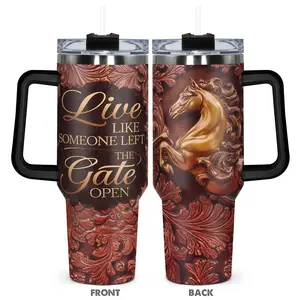 Horse Pattern Tumbler with Handle, 1 Count 40oz Stainless Steel Water Bottle, Insulated and Durable, Gift for Any Occasion, Drinkware