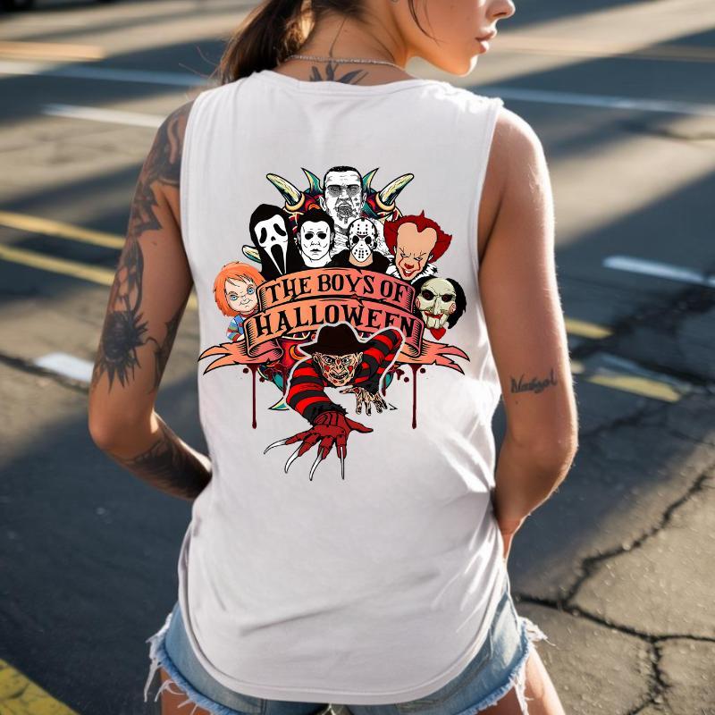 Halloween Movie Squad Denim Shorts High Waist Ripped Jean Shorts for Women Spooky Scary Movie Character Graphic Butt Shorts Black Print Tank Top- Tattoo Street Wear Casual Cotton Shirt, Unisex, Minimalist Style, Trending for Men & Women