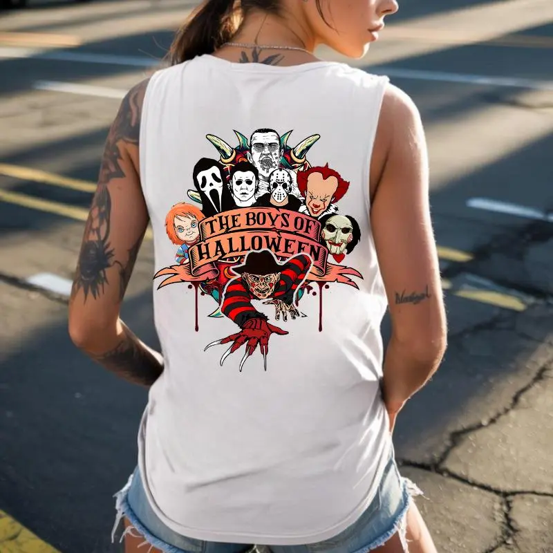 Halloween Movie Squad Denim Shorts High Waist Ripped Jean Shorts for Women Spooky Scary Movie Character Graphic Butt Shorts Black Print Tank Top- Tattoo Street Wear Casual Cotton Shirt, Unisex, Minimalist Style, Trending for Men & Women