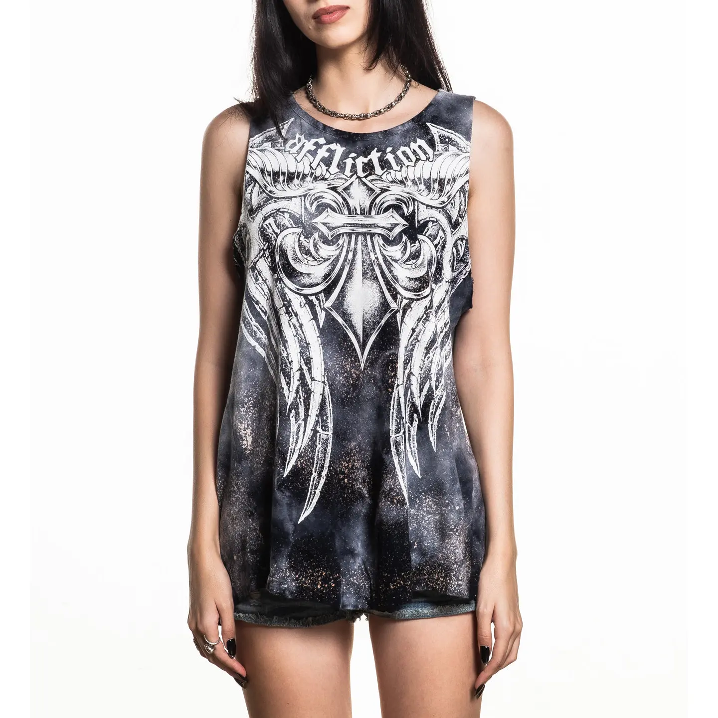 Affliction Women's Mercenary Graphic Sleeveless Top, 100% Cotton Casual Streetwear Tank with Tie-Back Detail, Tops, Fashion, Refer To Sizing Chart