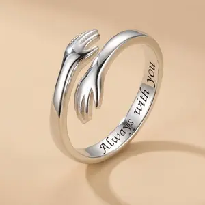 Hug Hands Adjustable Ring S925 Sterling Silver Open Ring “Always With You” Engraved Couple Gift for Women