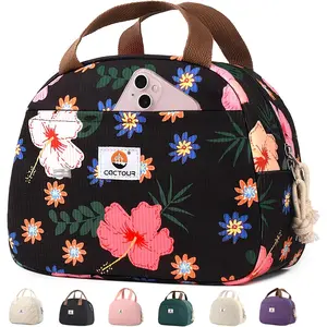Cute Insulated Lunch Box Cooler Bag, Portable Reusable Corduroy Small Lunch Tote for Women Girls Teens, for Work Travel Picnic School (Flower)