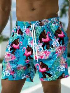 Men's Monkey & Flamingo Print Boxer Brief Swim Trunks, Regular Fit Casual Comfy Swim Shorts for Summer, Men's Swimwear for Beach Outdoor Wear