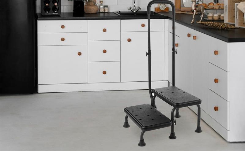 Step Stool with Handle, Non Slip Platform and Adjustable Handrail, Two Step Stool for Ederly, Adults and Handicap, Heavy Duty Foot Stool for High beds, Kitchen, Bathtub