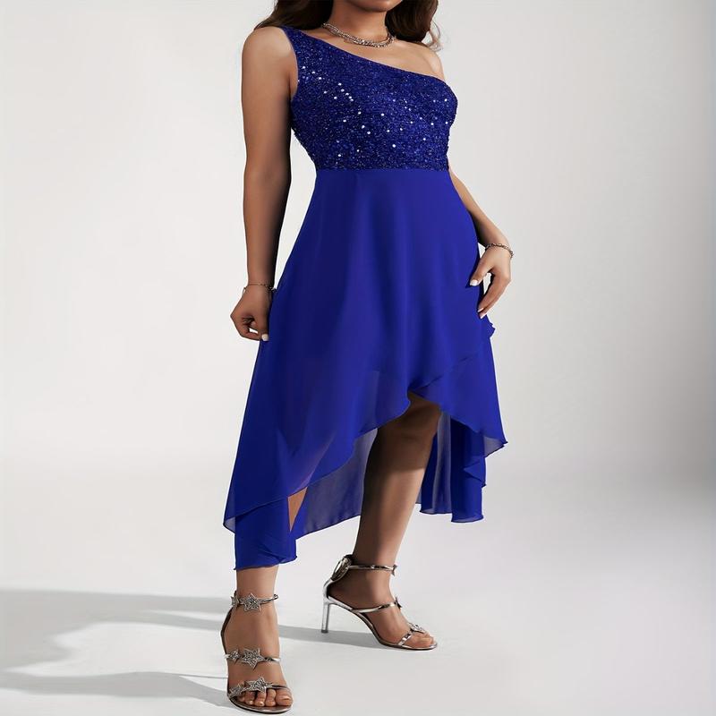 Emerald Green Sequin One-Shoulder Tulip Dress - Elegant Sleeveless Fitted Top & Flowy Skirt Mid-Length Formal Party for Women, Hand Washable All-Season Evening Gown, Seasonal Fashion, Fabric Polyester Womenswear Chic