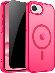 for iPhone 17E/16E Case with Privacy Tempered Glass Screen Protector，for iPhone 17E/16E Phone Case Compatible with MagSafe，Magnetic Translucent Matte Military Grade Drop Proof Protection Cell Phone Cover - Hot Pink