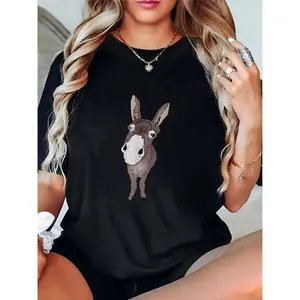 Women's Black Funny Donkey Print T-Shirt, Cute Animal Graphic Casual Tee for Daily Wear, Animal Lovers, Weekend Outings 100% Cotton T-shirt