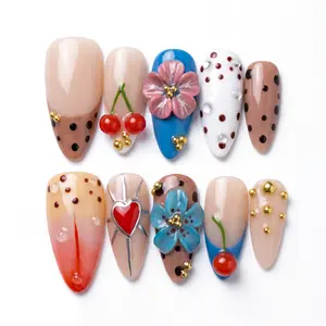 100% Handmade | 3D Almond Press-On Nails, Reusable Fake Nails with Cherry & Flower Design, Salon-Quality Manicure for Daily Wear & Special Occasions
