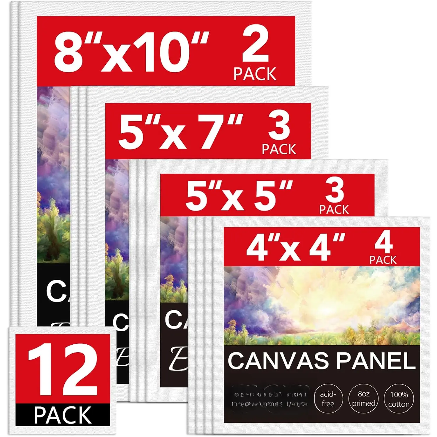 Canvas Boards for Painting 12 Pack Art Supplies  Canvas 4x4, 5x5, 5x7, 8x10 Blank Large Canvases for Painting-Cotton Primed Canvas Panels for , Oil, Gouache & Tempera.