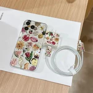 6 Piece Set Transparent Peony Print Beaded Phone Case, Charger Head Cover, Cable Protector, Storage Rope, Data Line Protection, iPhone 6-17 Pro Max