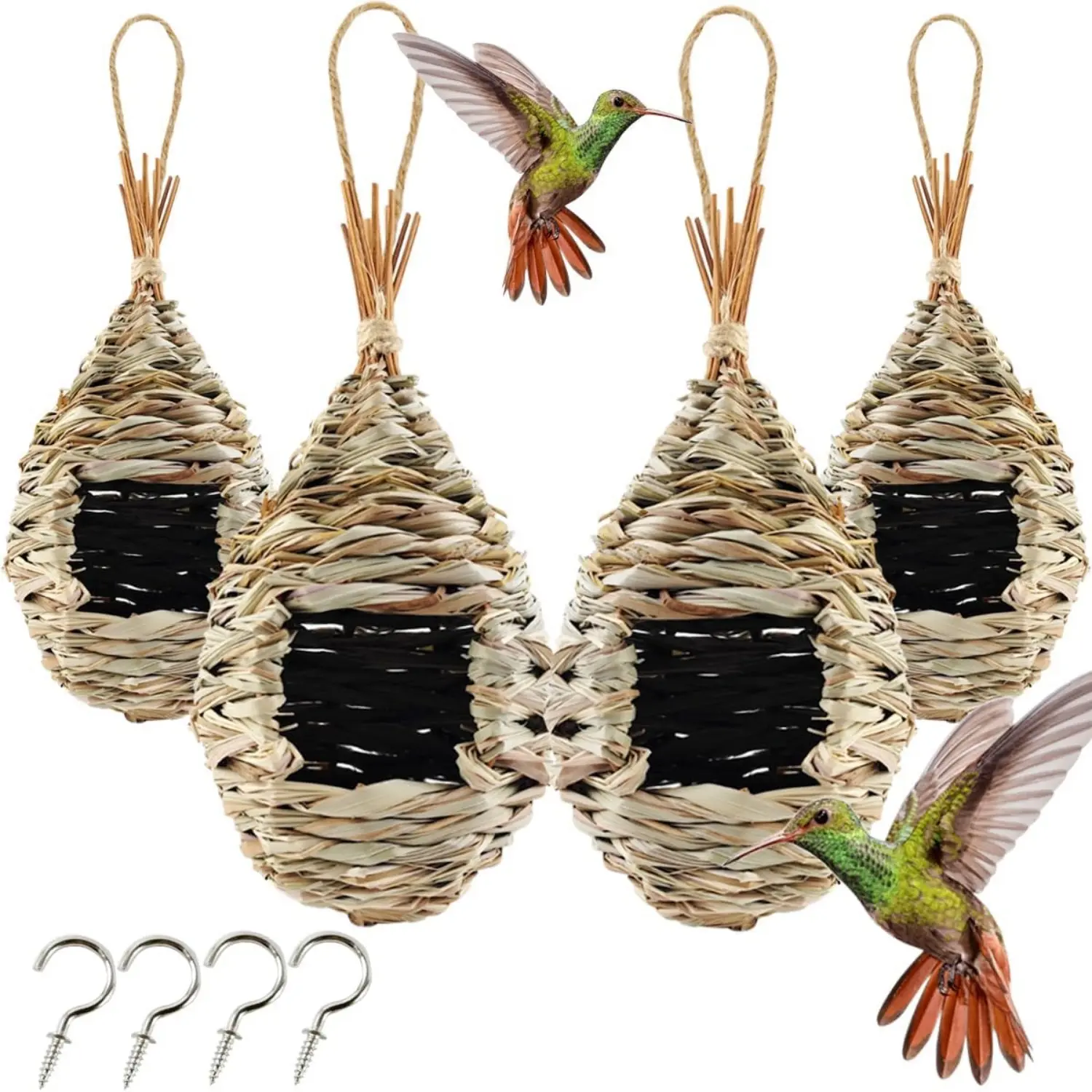4PCS 9.4 x 4.3 Inches Hand Woven Hummingbird House,Bird Hut and Hummingbird Houses Nest, Small Hanging Bird & Chickadee House for Finch & Canary in Outdoor - Home Improvement.