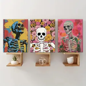 Wooden Framed Canvas Painting, 3 Counts/set Skeleton Character Pattern Wall Art, Wall Decor for Home Living Room Bedroom Office, Halloween Decorations