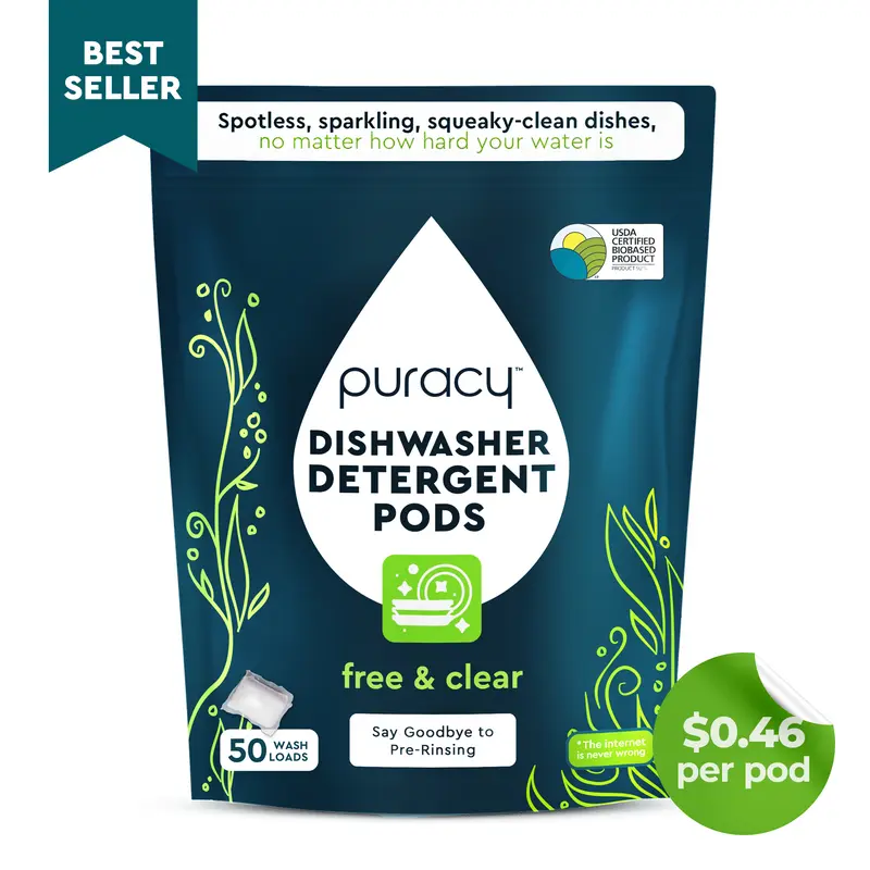 Puracy Natural-Based Dishwasher Detergent Cleaner Tablets, Suitable for Your Home (Free & Clear, 50 Count)