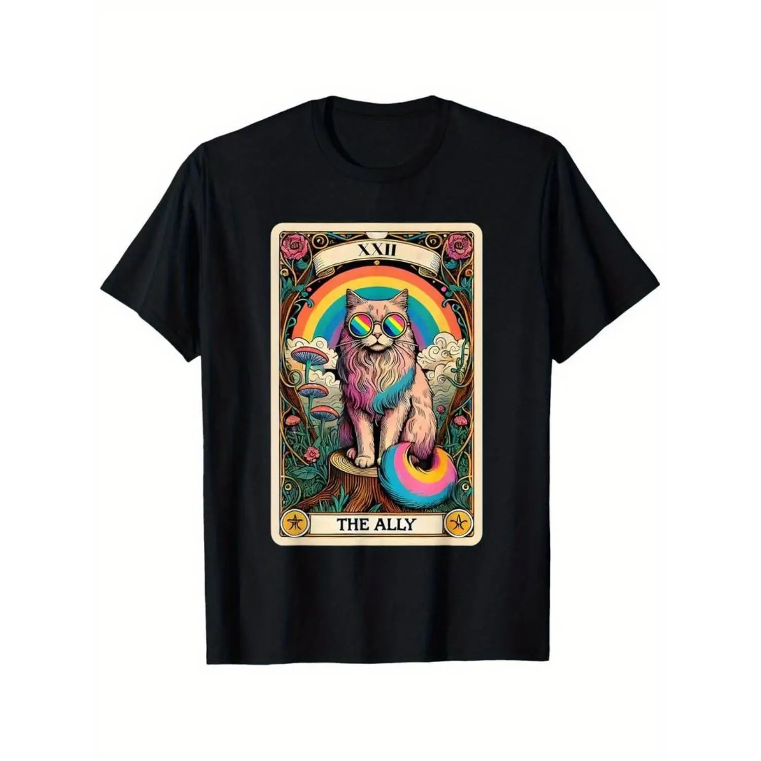 100% Cotton Summer t Shirts Funny Ally Cat Tarot Card Pride Glasses Gay Pride LGBTQ T-Shirt
