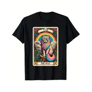 100% Cotton Summer t Shirts Funny Ally Cat Tarot Card Pride Glasses Gay Pride LGBTQ T-Shirt